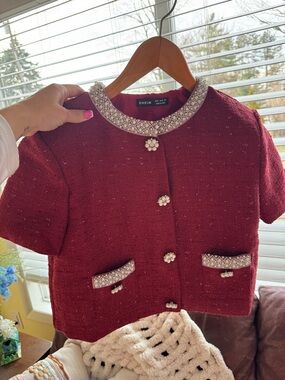 SHEIN Burgundy Pearl-Trim Tweed Crop Jacket